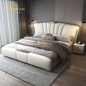 Modern Bedroom Furniture King Size Button Tufted Tall Headboard Upholstered White Leather Side Lift Ottoman Storage Bed