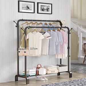 Home Indoor Furniture Double-Rod Metal Coat Rack Display with Bag Use Clothes Storage Organizer and Garment Rack