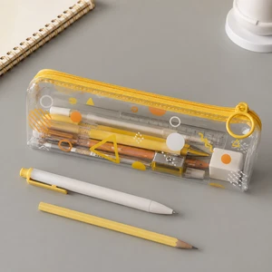 Clear PVC Stationery Pencil Case With Yellow Zipper Printed Pouch for Pens Ruler Eraser School Supplies Wholesale Custom
