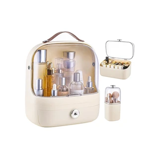 2025 New Design Rectangle Sustainable Waterproof Dustproof Plastic Makeup Organizer Handle Lid Separable Cosmetic Storage Box
