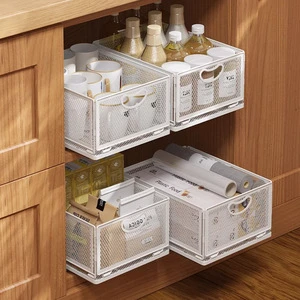 Multilayer Metal Pull Out Cabinet Organizer for Under Sink Storage, Stackable Sliding Mesh Drawer for Kitchen & Bathroom