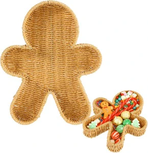 Christmas Wicker Basket Tray Gingerbread Men Rattan Woven Serving Tray Christmas Decor Snack Tray Storage Platter for Home Decor