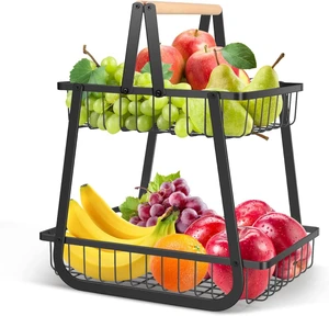 Home Organization Kitchen Living Room Tabletop 2 Tier Metal Wire Storage Fruit Basket With Removable Wood Handle