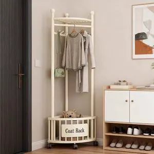 Minimalist Corner Coat Rack With Wheels and Storage Basket for Bedroom and Entryway Organization Coat Rack