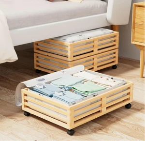 Bamboo Under Bed Storage Containers Storage Box Wood Bamboo Large Capacity Underbed Organizer With Wheels