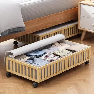 Bamboo Under Bed Storage Containers with Wheels, 2 Pack Large Under the Bed Shoe Storage Bins