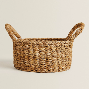 Handwoven Coiled Seagrass Storage Basket with Thick Braided Handles for Multifunction