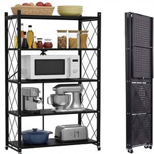 5-Tier Foldable Medium-Duty Metal Shelving Unit Wheels Space-Saving Design No Assembly Required for Garage Pantry
