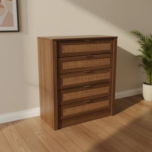 Rattan Chest of Drawer 5 Drawer Chest Furniture Tall Chest of Drawers Wooden Cupboard Bedroom Furniture for Living Room