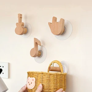 No-Drill Adhesive Beech Wood Hook Music Symbol Creative Wall Hanging Coat Hat Hanger For Wardrobe Door Handle