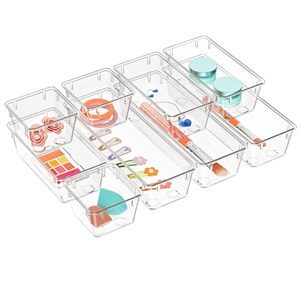 9 Pack Stackable Clear Acrylic Drawer Organizer Set Storage Trays for Makeup Cosmetics Jewels & Office Use