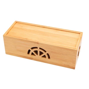 Cable Management Box Set of 2 Large & Small Bamboo Cord Organizer Box to Hide Wires & Power Strips Desk Computer Cable