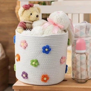 Cotton Rope Woven Baskets For Organizing With 3D Flower Nursery Laundry Basket Round Rope Storage Small Laundry Basket