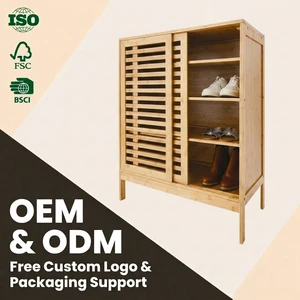 Modern 4-Tier Multifunctional Bamboo Shoe Storage with Sliding Doors and Floor Standing Design for Living Room and Bathroom