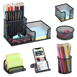 6-Piece Metal Mesh Desk Organizer Set Home Office Supplies Pen Holder And Storage Baskets For Desk Caddy