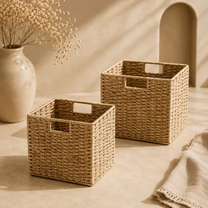 Natural Seagrass Luxury Eco-Friendly Storage Baskets Square Handles Multi-Purpose Organization Basket for Closet Living Room