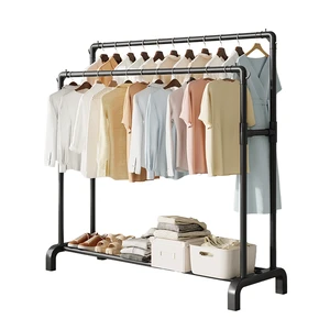 New Design Floor-Standing Metal Cloth Rack Indoor/Outdoor Rust-Proof Double Rod Coat Stand Single Clothes Drying Rack PP Bottom