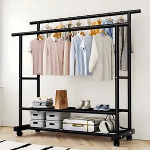 Large Capacity Movable Double Rod Cloth Rack Coat Rack Organizer With Storage Shelves Metal Garment Rack for Bedroom,Balcony