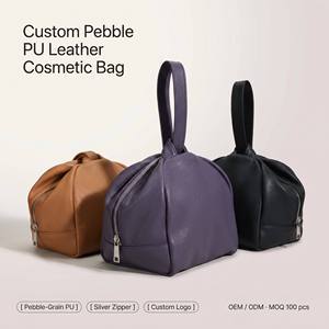 Custom Logo Luxury PU Leather Makeup Bag With Top Handle Side Zipper Large Capacity Pebbled Travel Cosmetic Toiletry Pouch