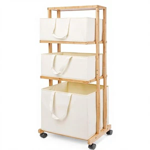 3-Tier Homde Modern Bamboo Laundry Basket Wheels Removable Container Handle Freestanding Clothes Hamper for Bathroom Living Room
