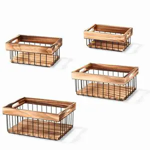 Kitchen Pantry Small Spaces Home Aesthetic Custom Iron Wire Wood Multi-functional Storage Basket Rack Organizer