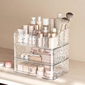 Glacier Texture Clear Plastic Cosmetic Storage Box Multi Compartment for Dressing Table Vanity Skincare Cosmetics Lipsticks