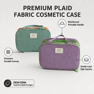 Custom Logo Double Layer Plaid Makeup Bag Large Capacity Cosmetic Organizer Travel Toiletry Case with Handle for Women OEM