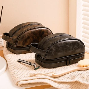 In Stock Wet & Dry Separation Men's Travel Luxury Toiletry Bag Double Layer Soft Pu Leather Daily Toiletry Storage Bag
