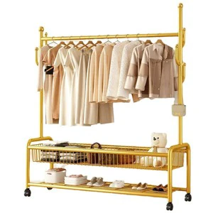 Modern Simple Luxury Metal Coat Rack for Bedroom and Living Room Movable Floor-Hanging Clothes Rack with Storage Basket