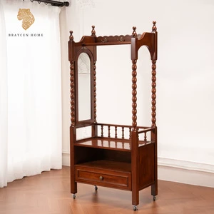 Retro Solid Wood Coat Rack Integrated Multi-functional Storage Shelf Floor-standing Clothes Rack Bedroom Cabinet With Drawer