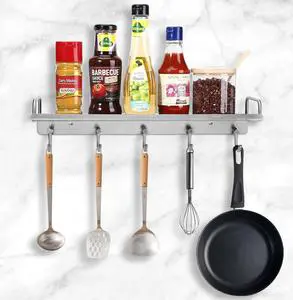 Sondoly Wall Mount Shelf with Hooks 304 Bathroom Kitchen Shelf Rack Restaurant Bar Multifunctional Storage Shelf