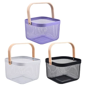 Household Wholesale Multi-functional square Wire With Wood Handle Storage Basket