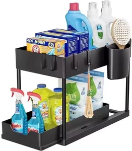 Cabinet Basket Organizer 2 Tier Under Sink Organizer with Lighter Sliding Drawer Multifunction Storage Rack for Bathroom Kitchen