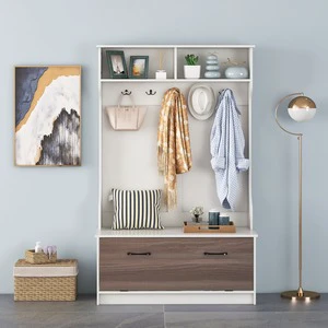 Multi-functional White Coat Rack with 5 Double Hooks and Storage Bench Entryway Organizer with Shoe Cabinet and Top Compartments
