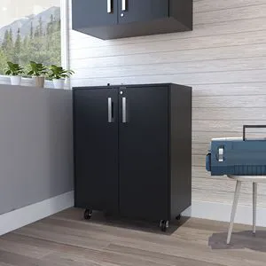 Black Storage Cabinet with Casters Double Door and Two Interior Shelves for Garage Organization