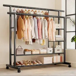 Cedar space OEM Movable Double Rod Metal Coat Rack with Lockable Wheels Rust-Proof Thickened Bedroom Storage Shelves for Shoes and Clothes