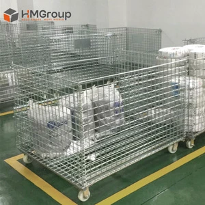 Foldable Warheouse Industrial Welded Steel Wire Mesh Metal Containers With Casters