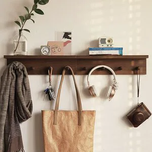 LHJY Dark Solid Wood Wall Mounted Coat Rack With 4 Hooks Heavy Duty Wooden Wall Hanger Rack For Entryway Bedroom Bathroom