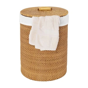 Rattan Laundry Storage Basket With Lid And Handle Circle Shape Rustic Style For Neatening Storage
