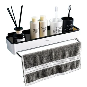 Everyday Plastic Bathroom Wall Mounted No Drill Storage Shelf with Towel Bar Kitchen Spice Organizer Rack Wall Shelf