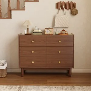 US Stock 6-Drawer Wood Dresser With Brushed Finish Large Storage Cabinet Bedroom Closet & Kitchen Living Room Furniture DG026