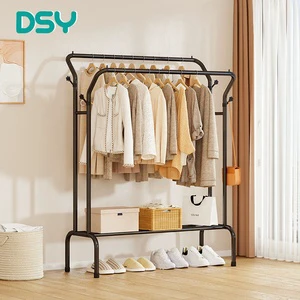 Metal Clothes Hanger Floor Coat Rack Double Rod Movable Clothes Drying Storage Rack for Bedroom Living Room