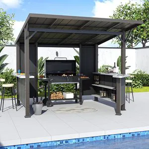 10'x 10' Hardtop Grill Gazebo, Outdoor BBQ Gazebo with Storage Shelves, Permanent Galvanized Steel Lean to Canopy