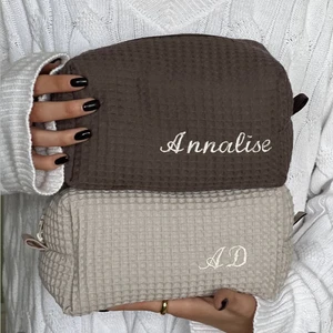 Waffle Embroidered Cosmetic Bag Makeup Bag Pure Cotton Zipper Storage Toilet Bag Soft for Women
