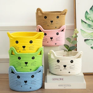Cat Basket Storage Woven Organizer with Ears Decorative Pet Toy Cute Basket Cotton Rope Basket for Gift Toy Bin Box