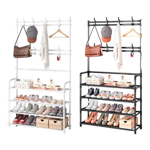 4-Layer Sturdy Durable Hat Storage Rack Free Standing Coat and Shoe Rack With Hooks for Living Room