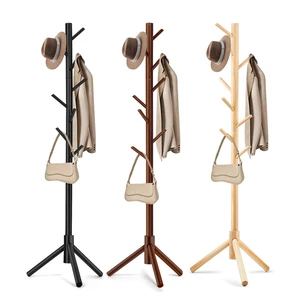Eco-friendly Wooden Freestanding Coat Rack Clothing Organizer Home Furniture Adjustable Height Modern Coat Racks with 8 Hooks