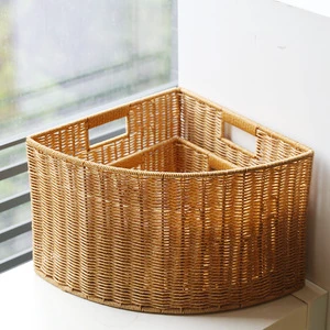 Eco-Friendly Classic Plastic Rattan Brown Wire Handcrafted Durable Multifunction Fan-shaped Corner Storage Basket Living Room