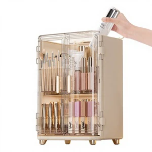 Plastic Light Luxury Installation-Free Double Door Cosmetic Storage Cabinet with Lipstick Cream Essence Storage Rack