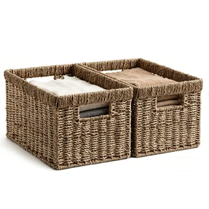 2026 Woven Wicker Storage Basket for Organizing Medium Seagrass Storage Baskets with Built-in Handles for Pantry Shelves